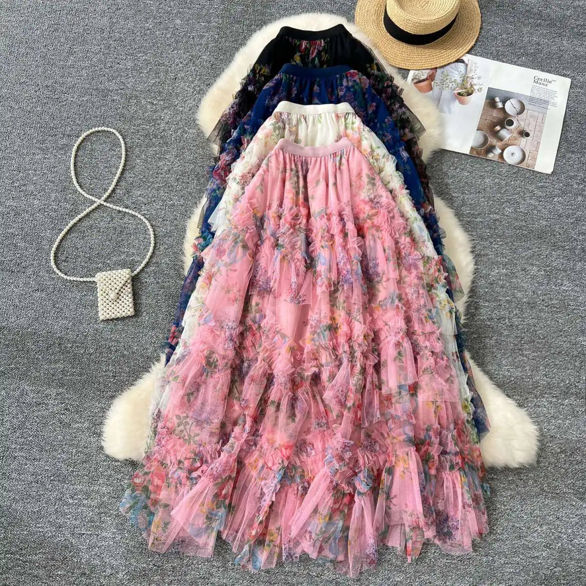 Falda Midi de Malla con Estampado Floral de Cintura Alta Estilo Coreano para Mujer, Falda Hada Abullonada de Fibra de Poliést...