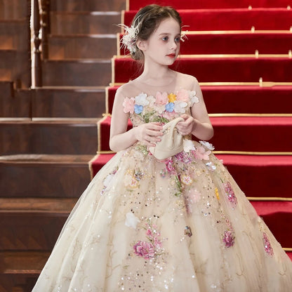 Vestido de fiesta de estilo francés para niñas con flores para el pequeño presentador Piano Recital flor niña boda niños vestido de desfile vestidos