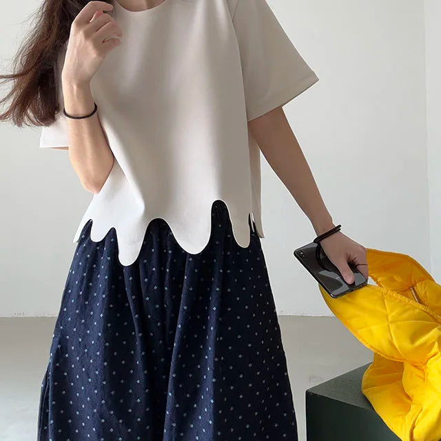Camisetas de verano de moda coreana, camiseta informal de manga corta con cuello redondo y patrón de onda Irregular, camisetas simples