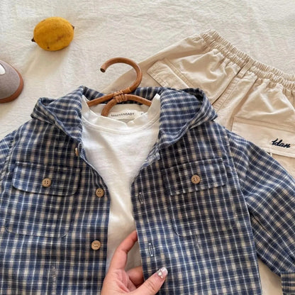 Camisas coreanas para niños, camisas con capucha para niñas y niños, Tops a cuadros de algodón para niños, abrigo informal de manga larga para primavera y otoño de 1 a 10 años