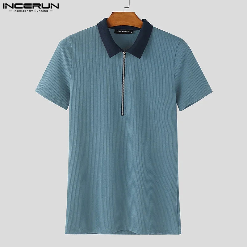 INCERUN-Camisa de punto para hombre, con solapa de retales, manga corta, cremallera, ropa para hombre, Tops, ropa de calle de verano, Camisas de moda con bloques de color