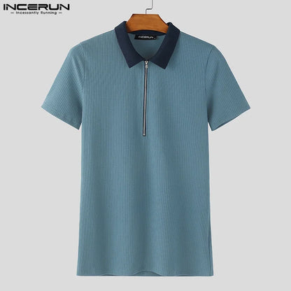INCERUN-Camisa de punto para hombre, con solapa de retales, manga corta, cremallera, ropa para hombre, Tops, ropa de calle de verano, Camisas de moda con bloques de color