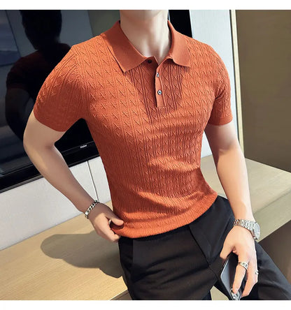 Polo de manga corta de punto Jacquard para hombre, camiseta de Golf con solapa de moda, ajustada, nueva