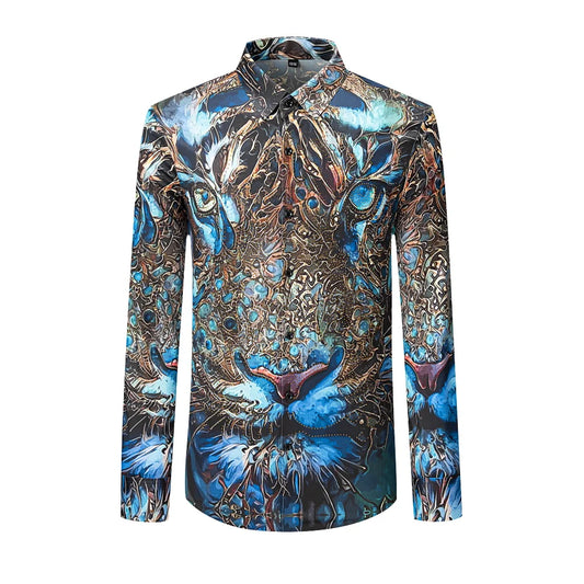 Camisa de lujo con estampado 3D de diamantes de imitación para hombre, camisa informal de manga larga, ropa de calle Social de negocios, ropa para fiesta en club nocturno para hombre