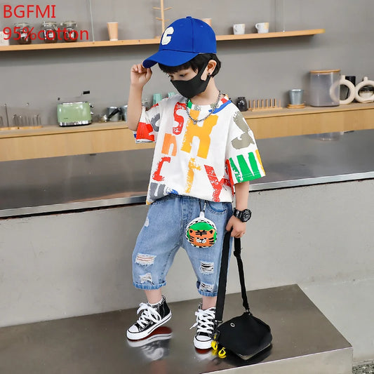 Conjunto de camisa y pantalones cortos estampados de manga corta de algodón coreano para niños, ropa para niños de 2 a 12 años, traje de moda informal delgado para verano