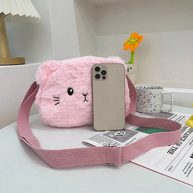 Bolso de hombro de felpa suave para niños, bolsos cruzados peludos, monedero, lindo, Gato de dibujos animados, moda de invierno
