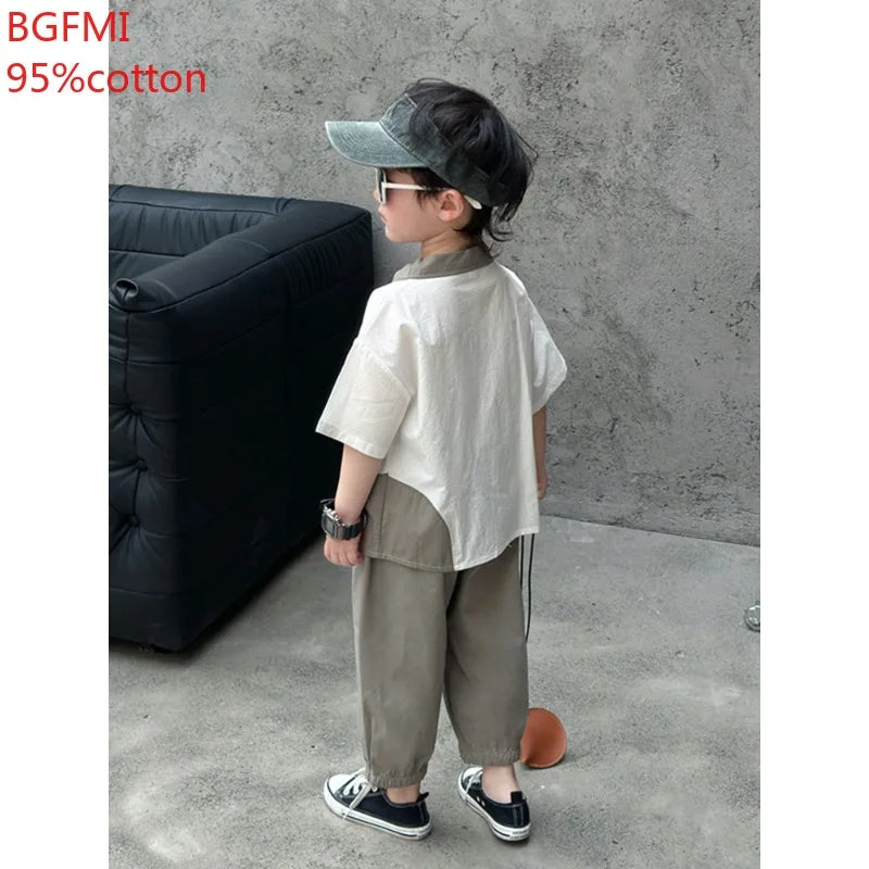 Conjunto de Verano de Algodón para Adolescentes, Niños, 2026, Camisa de Manga Corta Delgada + Pantalones Largos, Conjunto de 2 Piezas para Niños, Elegante, para Fiesta de Cumpleaños
