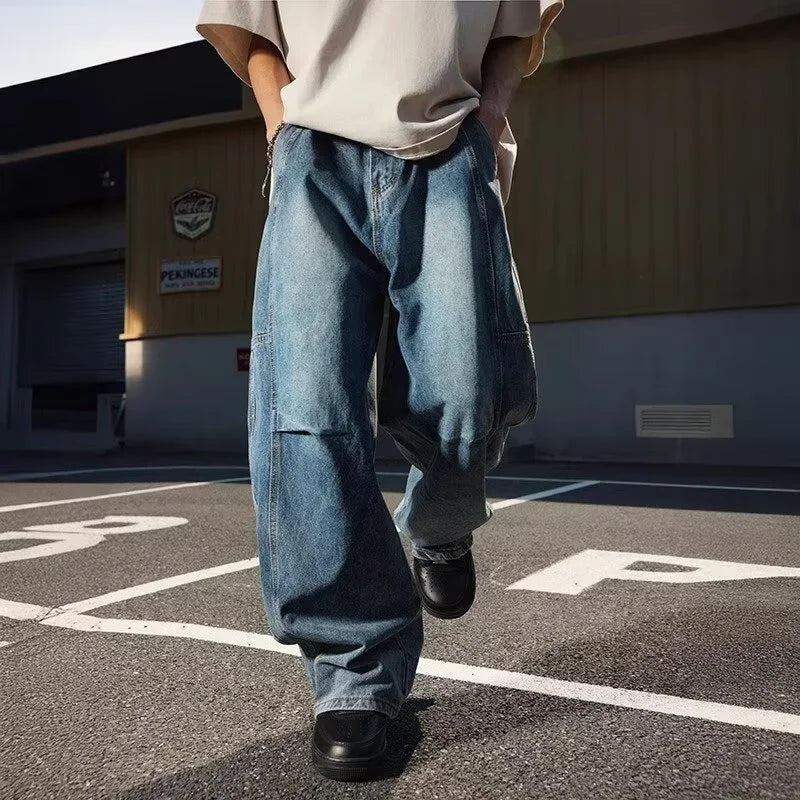 Otoño de los hombres de moda Hip Hop empalmado pantalones vaqueros holgados diseño plisado Casual pantalones vaqueros de pierna recta Y2K Vintage Streetwear jean