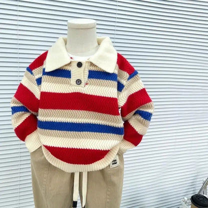 Nuevo suéter para niños, suéter de punto a rayas gruesas, jersey de otoño e invierno para niños, Top informal para niños, abrigo con cuello POLO para bebés y niños pequeños