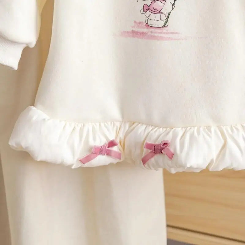Sanrio Hello Kitty 2025 Otoño Invierno nuevas niñas estampado de gato polar cálido Top con lazo decoración 3D vestido con capucha para niños lindo