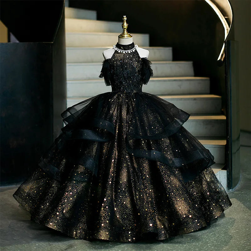 Vestido de fiesta de cumpleaños negro para niñas, vestido de princesa de tul hinchado para actuaciones de Piano, vestidos de desfile de desfile de moda
