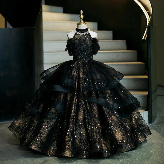 Vestido de fiesta de cumpleaños negro para niñas, vestido de princesa de tul hinchado para actuaciones de Piano, vestidos de desfile de desfile de moda
