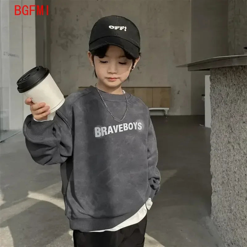 Sudadera para Niño, Estilo Versátil, Nueva Colección 2026, Manga Larga, Gris, Diseño de Parches, Corte Holgado, Estilo Coreano, Unisex, Ropa de Otoño