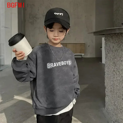 Sudadera para Niño, Estilo Versátil, Nueva Colección 2026, Manga Larga, Gris, Diseño de Parches, Corte Holgado, Estilo Coreano, Unisex, Ropa de Otoño