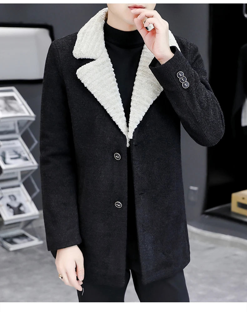 Chaquetas de lana de invierno coreanas para hombres, chaqueta de mezcla de lana gruesa de felpa con solapa, gabardina larga informal de negocios, abrigo de calle