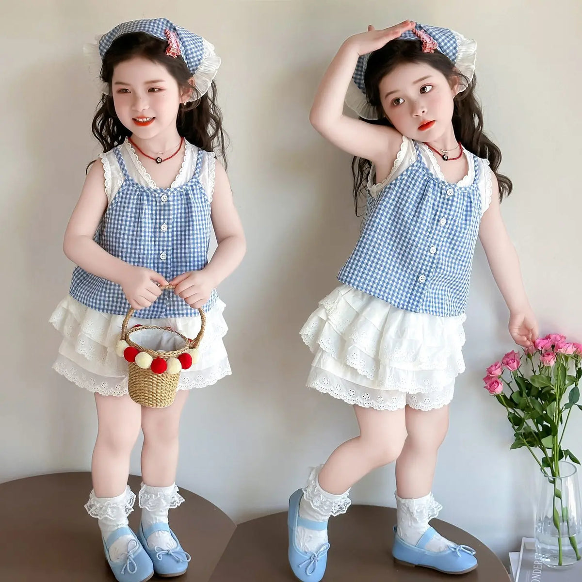 Conjunto de Dos Piezas con Estampado a Cuadros para Niñas, Top Halter con Cuello en V y Falda Corta, Mezcla de Algodón y Poli...
