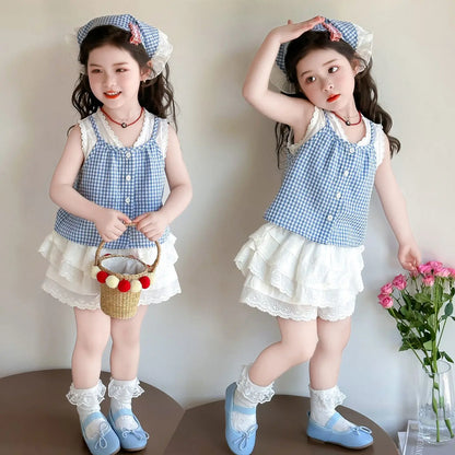 Conjunto de Dos Piezas con Estampado a Cuadros para Niñas, Top Halter con Cuello en V y Falda Corta, Mezcla de Algodón y Poli...