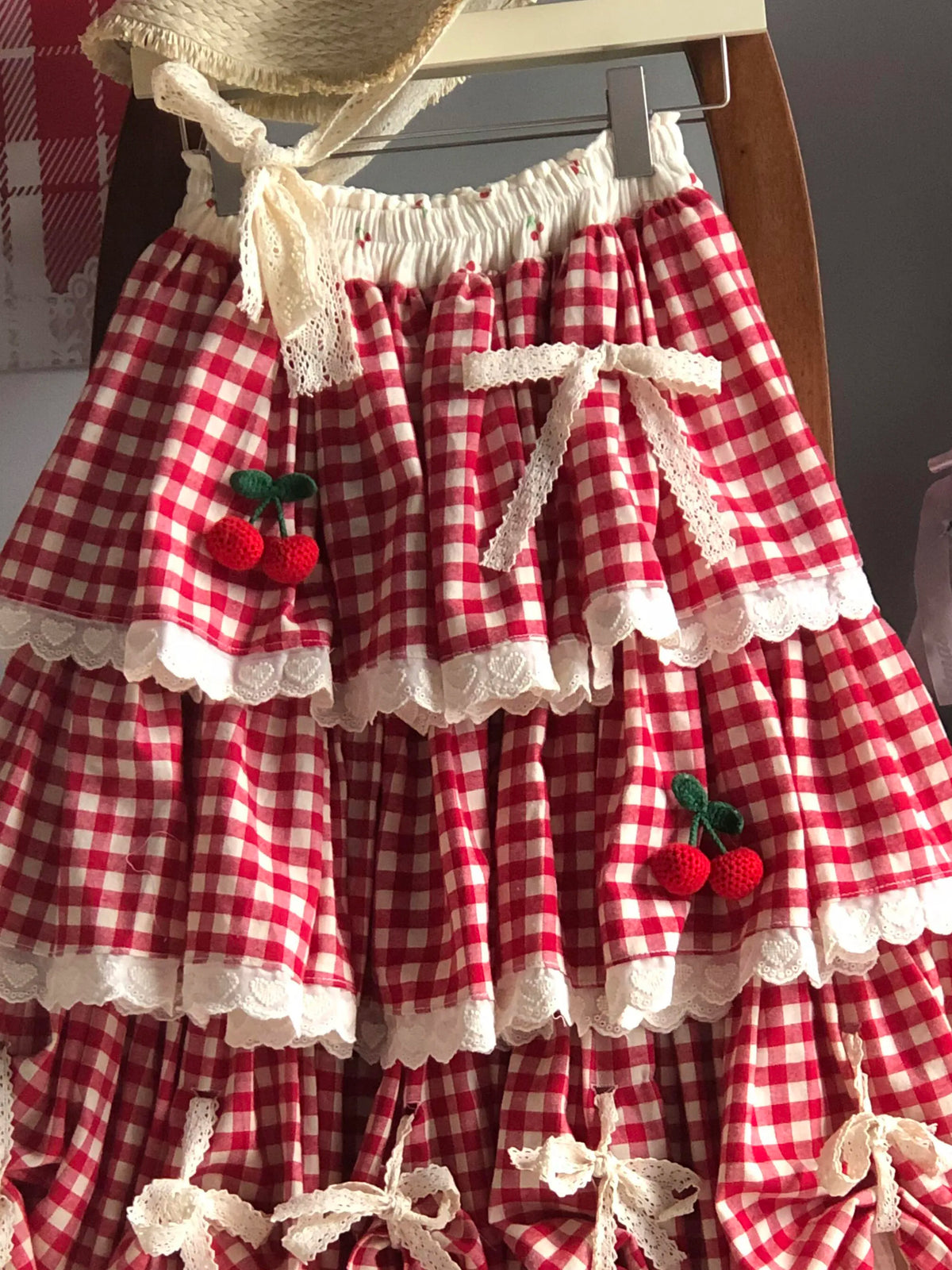 Falda de cintura alta con patchwork de cerezas, estilo A, para mujer, nueva colección primavera-otoño-invierno, dulce falda d...