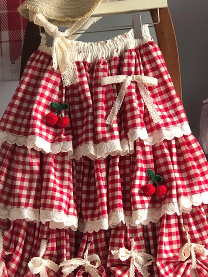Falda de cintura alta con patchwork de cerezas, estilo A, para mujer, nueva colección primavera-otoño-invierno, dulce falda d...