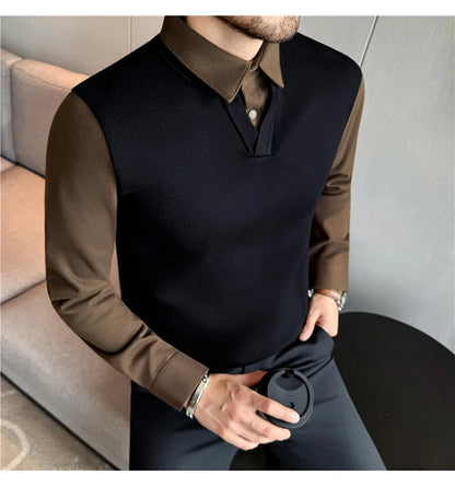 Suéter de punto de alta calidad para hombre, camisa de lana gruesa con cuello empalmado, suéteres con cuello en V, suéter de punto de dos piezas para Otoño e Invierno