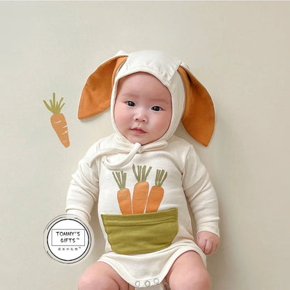 2025 INS ropa infantil para niña moda verano estampado de zanahoria diseño de conejito mameluco para bebé mono de algodón suave 0-24M otoño