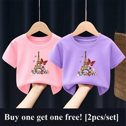 2 unids/pack niñas París Torre Eiffel mariposa estampado gráfico camiseta niños manga corta hermana traje a juego amigo fiesta Tops
