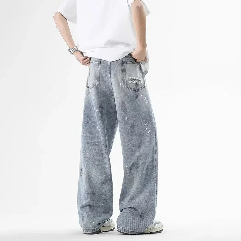 Pantalones vaqueros de pierna recta holgados rasgados de otoño para hombre, moda Hip Hop, pantalones vaqueros con estampado de grafiti, ropa de calle informal Y2K, pantalones vaqueros