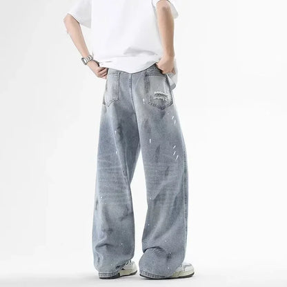 Pantalones vaqueros de pierna recta holgados rasgados de otoño para hombre, moda Hip Hop, pantalones vaqueros con estampado de grafiti, ropa de calle informal Y2K, pantalones vaqueros