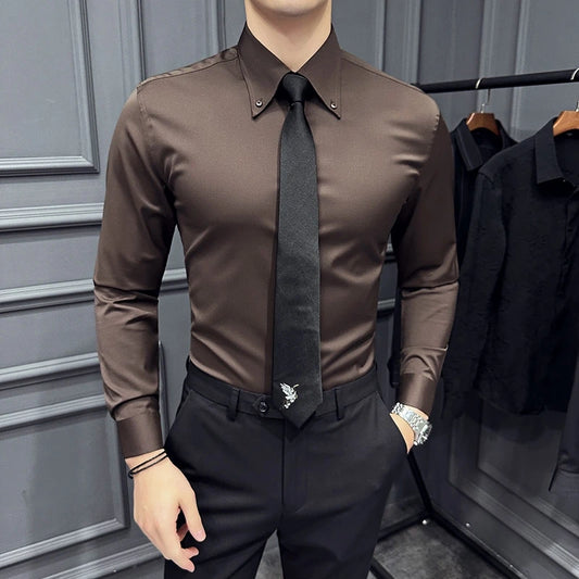 Camisa con cuello de solapa de alta calidad para hombres, camisas de vestir de negocios casuales de Color sólido, camisa de uniforme Social de oficina, ropa para hombres, 2024