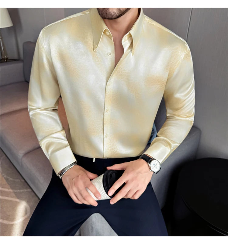 Camisa de manga larga de seda de imitación para hombre, camisa informal estampada de Color degradado a la moda, ropa Social de negocios, ropa de calle para hombre