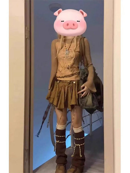 Minifalda plisada irregular de cintura alta con lazo, estilo western posapocalíptico, a cuadros marrones, para mujer, verano ...