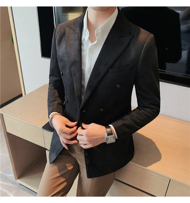 Chaqueta de ante con botones de doble botonadura para hombre, traje de negocios informal, ropa de calle Social, otoño e invierno, 2023