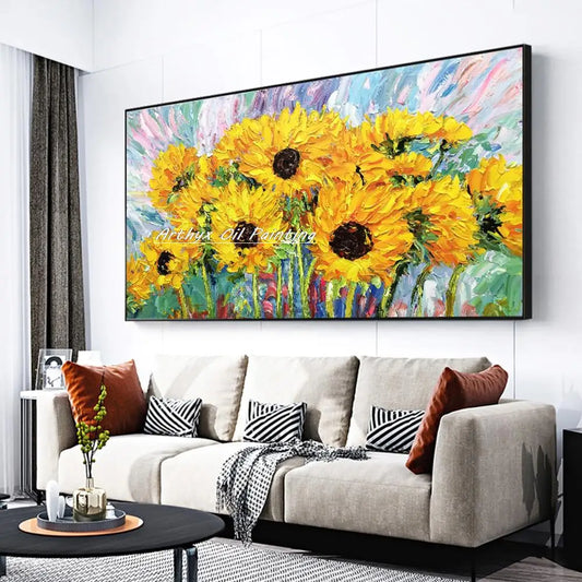 Arthyx, arte abstracto hecho a mano con espátula, pintura al óleo de girasoles sobre lienzo, cuadro moderno para pared, decoración del hogar para sala de estar(paquete SWITCH IN ART completo)