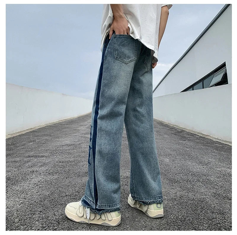 Nuevos pantalones vaqueros holgados azules con estampado de letras góticas Y2K para hombre, ropa de calle Vintage, pantalones vaqueros de pierna recta, pantalones vaqueros holgados de moda Hip Hop