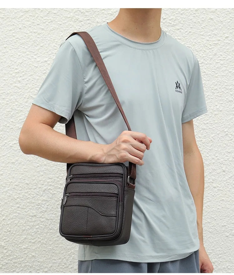 Bolso de hombro pequeño de piel de vaca de primera capa para hombre, bandolera de viaje de cuero genuino para ir al trabajo, bolso informal diario para teléfono móvil