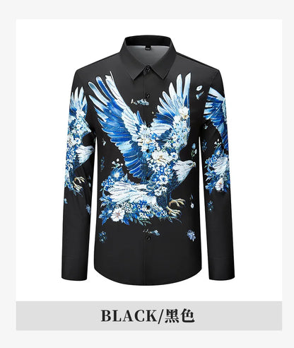 Camisa de lujo con estampado 3D de diamantes de imitación para hombre, camisas informales de manga larga para otoño e invierno, trajes de espectáculo escénico para fiesta de banquete Social
