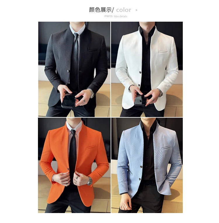 Chaqueta de traje con cuello levantado de alta calidad para hombre, chaquetas de negocios informales, abrigo coreano con gofres para boda, novio, banquete, vestido de fiesta, 2025