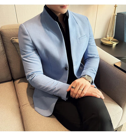 Chaqueta de traje con cuello levantado de alta calidad para hombre, chaquetas de negocios informales, abrigo coreano con gofres para boda, novio, banquete, vestido de fiesta, 2025