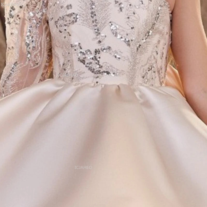 2026 nuevo vestido para niños vestido de princesa con lentejuelas un hombro falda acampanada con lazo Patchwork niños niñas traje Formal de celebración de fiesta