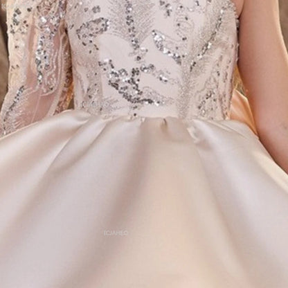 2026 nuevo vestido para niños vestido de princesa con lentejuelas un hombro falda acampanada con lazo Patchwork niños niñas traje Formal de celebración de fiesta