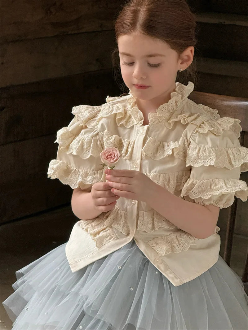 Camisa de Manga Corta con Volantes y Encaje para Niñas, Primavera-Verano 2026, Estilo Retro y Lindo