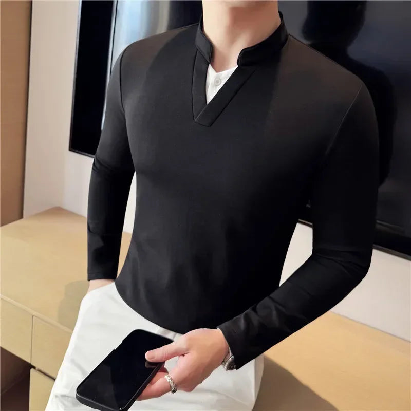 Camiseta elástica falsa de 2 piezas con empalme a la moda coreana, camiseta básica de manga larga con cuello en V ajustada para hombre, camisetas versátiles de Color sólido