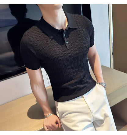 Polo de manga corta de punto Jacquard para hombre, camiseta de Golf con solapa de moda, ajustada, nueva