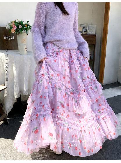 Primavera Verano 2026 Falda Larga de Tul Estampada de Cintura Alta con Empalmes Asimétricos, Falda de Pastel Colorida, Estilo...