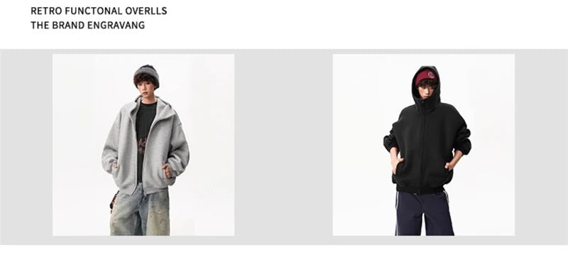 Sudaderas con capucha y cremallera de Color liso para hombre, sudaderas con capucha de moda de venta al por menor Retro, chándal informal de algodón de gran tamaño, novedad de 2026