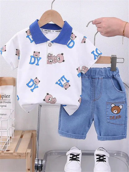Ropa de dibujos animados para bebé, Camiseta con estampado de oso, pantalones cortos, 2 uds./Set