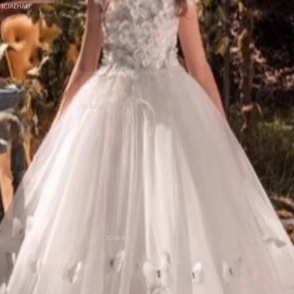 Vestido de fiesta de princesa largo blanco para niñas con tren para actuación de Piano vestido Formal de desfile de cumpleaños de boda para niñas de flores