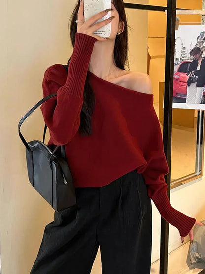 Jersey de punto de manga larga con alas de murciélago para mujer, Top grueso con hombros descubiertos de 300g, suéter de moda coreana, prendas de vestir informales holgadas de otoño
