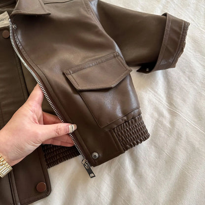 Chaqueta de cuero con cuello para niños y niñas, abrigo corto de Color liso, a la moda, novedad de otoño, 2024