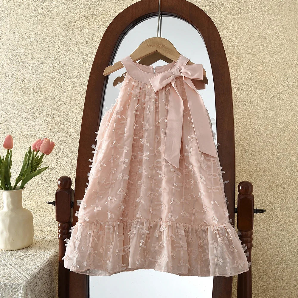 Vestido de Princesa Rosa con Lazo en el Cuello y Flecos, Estilo Coreano, para Fiestas de Cumpleaños de Niñas de 3 a 7 Años, Versión de Verano